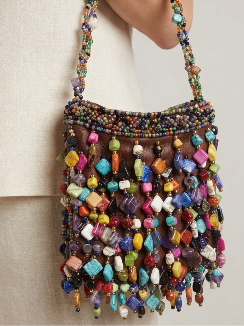 Handcrafted Multicolor Summer Beaded Fringe Crossbody Shoulder Bag